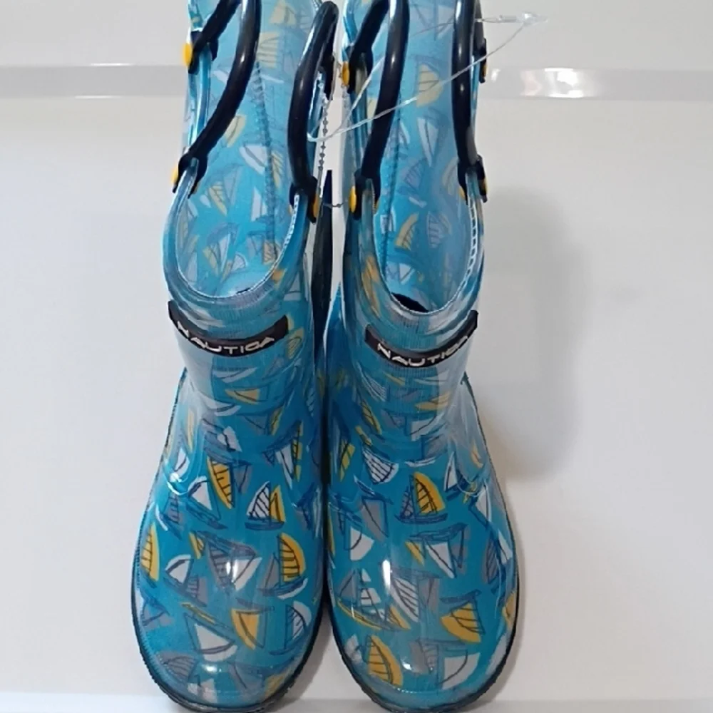 NAUTICA KIDS PULL-ON RAIN BOOTS Blue Yellow Sailboat Print SIZE 11 Toddler NWT
